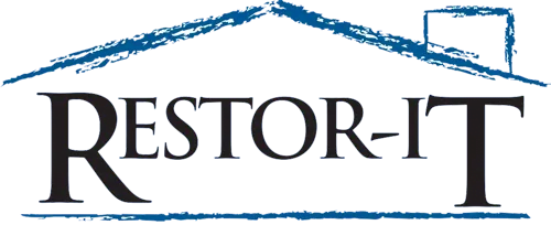 Logo of Restor-It, featuring the company name in black text with a blue roof outline above it, reminiscent of a wireframe design. Ideal for local services branding.