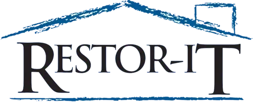 Logo of Restor-It, featuring the company name in black text with a blue roof outline above it, reminiscent of a wireframe design. Ideal for local services branding.