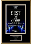 Plaque with a "Best of Cobb 2020" award for favorite local products, services, and attractions, showcasing the best new offerings as published by Cobb Life in April 2020.