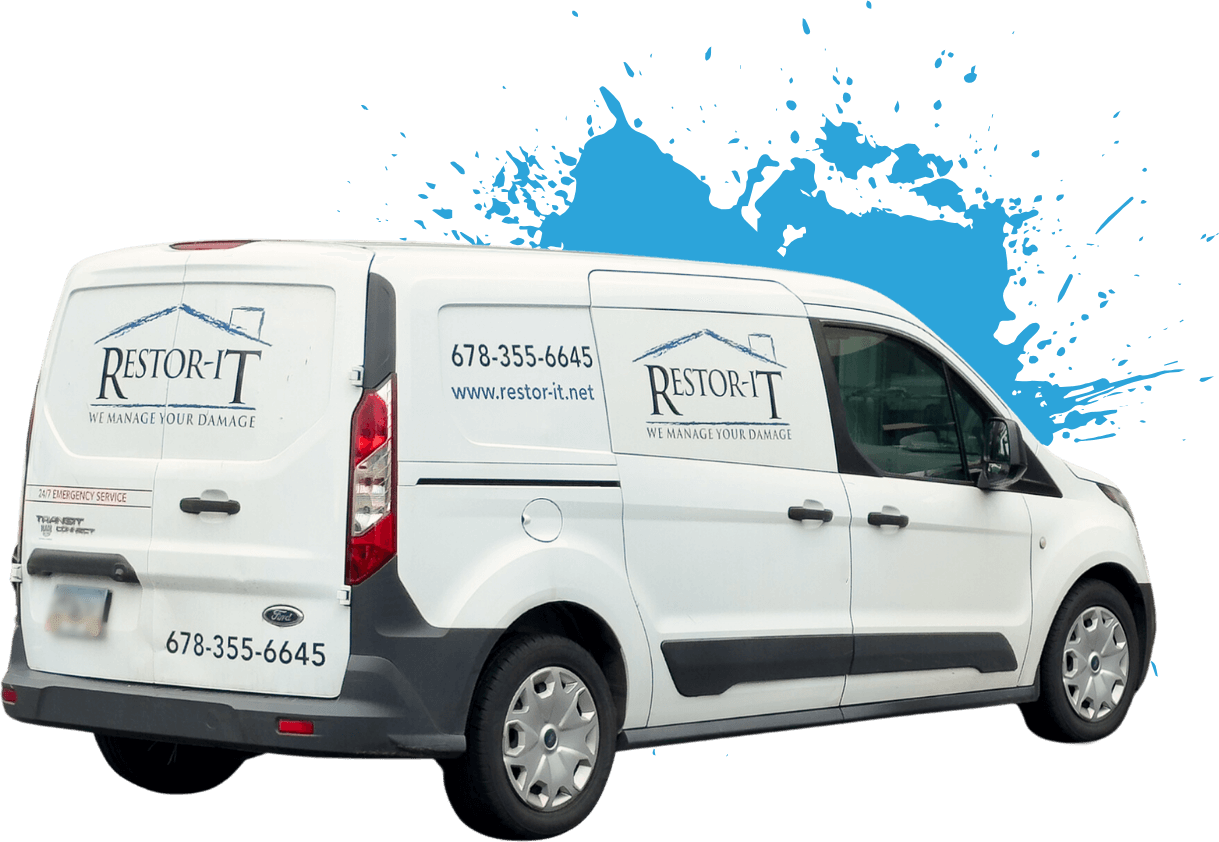 New white van with "Restor-It" branding, parked at an angle in front of a home. The van displays a phone number, website URL, and company tagline. Blue paint splash graphic in the background.