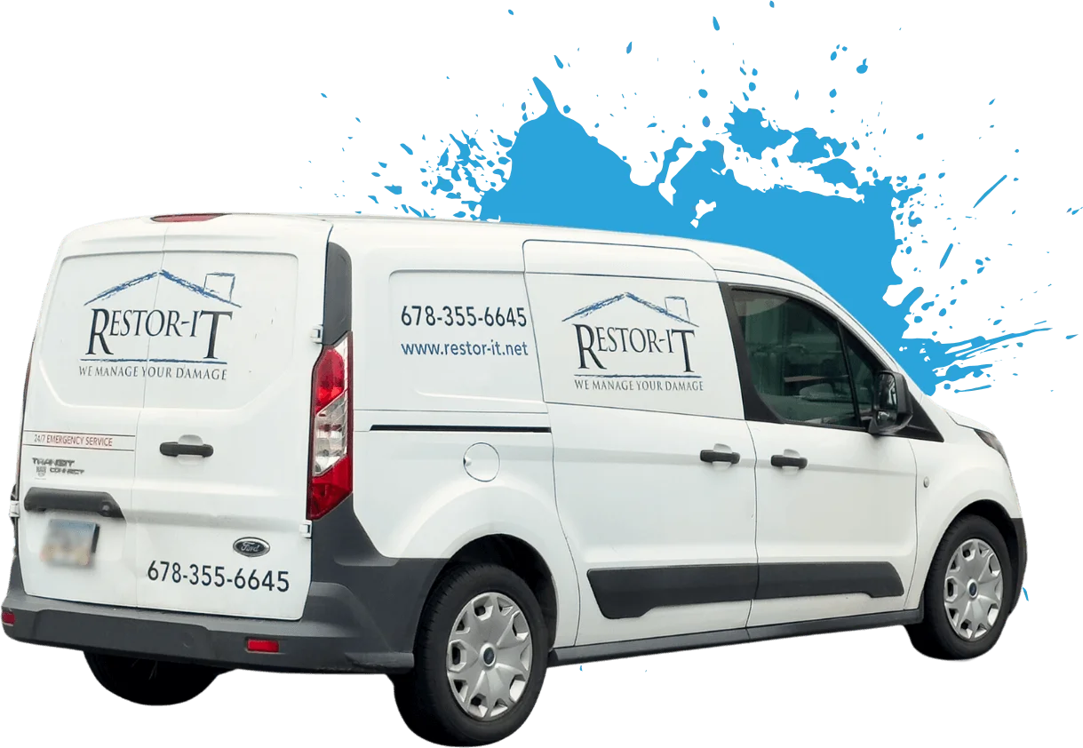 New white van with "Restor-It" branding, parked at an angle in front of a home. The van displays a phone number, website URL, and company tagline. Blue paint splash graphic in the background.