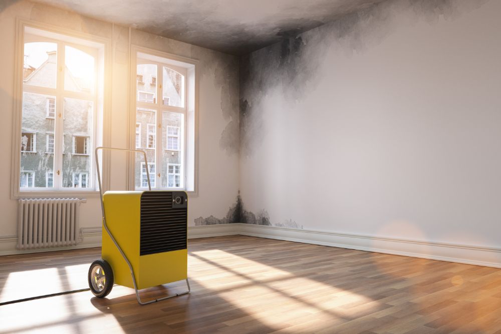 An empty room with wooden flooring and smoke damage on the walls. Sunlight streams in through two windows. A yellow industrial dehumidifier from Restor-It is placed in the center of the room.