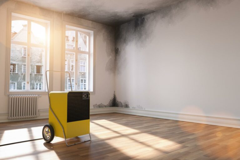 An empty room with wooden flooring and mold on the walls near the ceiling. A yellow dehumidifier is in the center of the room, part of an emergency restoration process, while sunlight streams through two large windows.