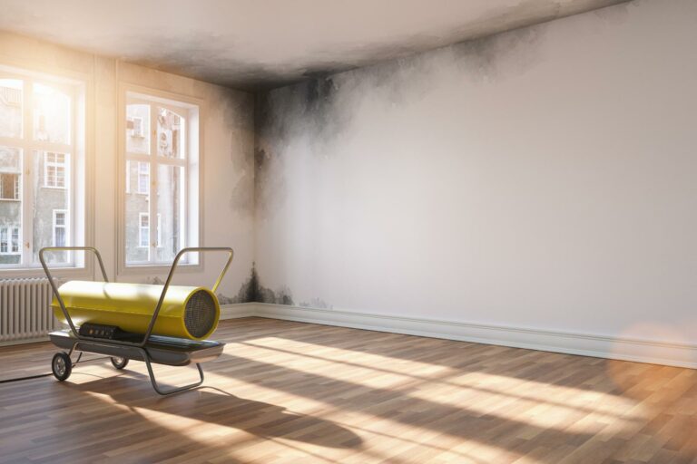 An empty room with wooden flooring shows a moldy corner on the wall. Sunlight enters through large windows. A yellow industrial dehumidifier, provided by Emergency Restoration Services, is placed in the room, positioned to address the mold issue efficiently.