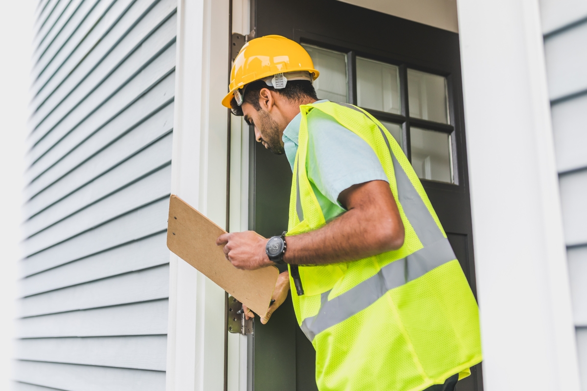 A construction worker wearing a yellow hard hat and reflective vest is inspecting a door frame while holding a clipboard, ensuring it meets all standards for preventing water damage.