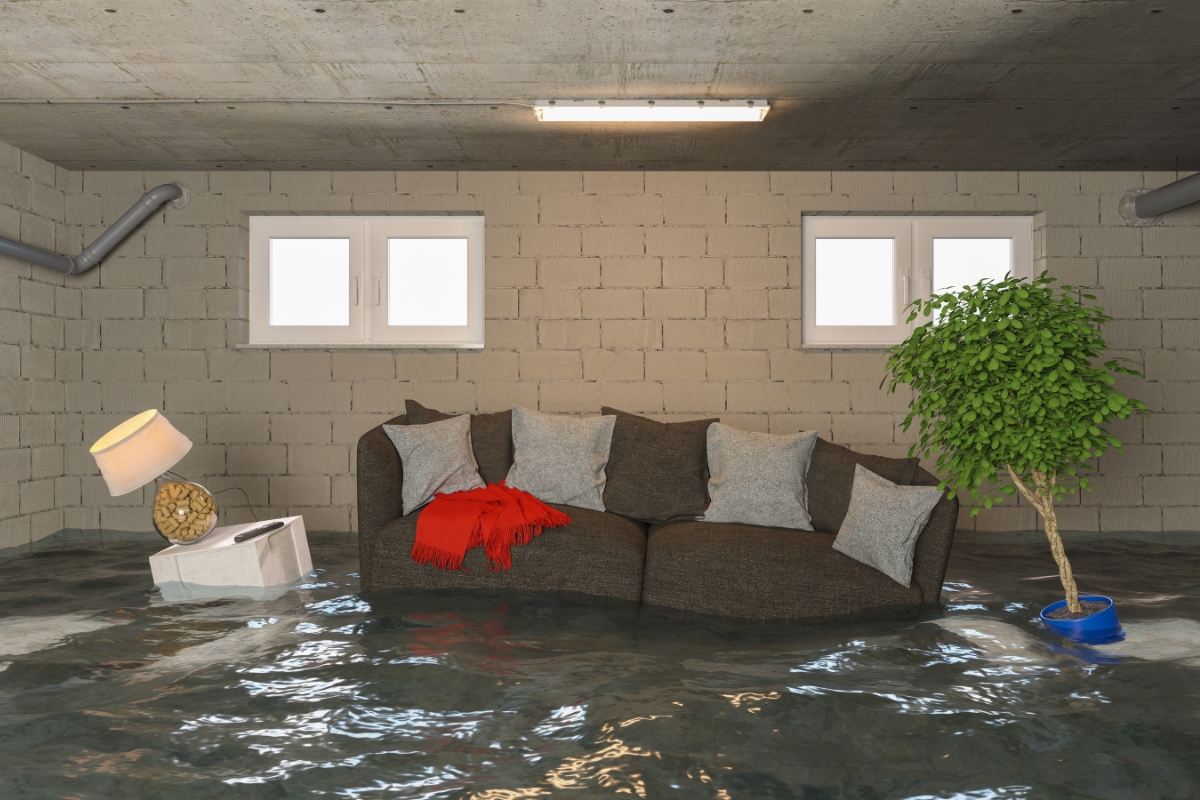 A basement with a sofa, a potted plant, and a tilted lamp is partially submerged in floodwater, highlighting the urgent need for water damage recovery.