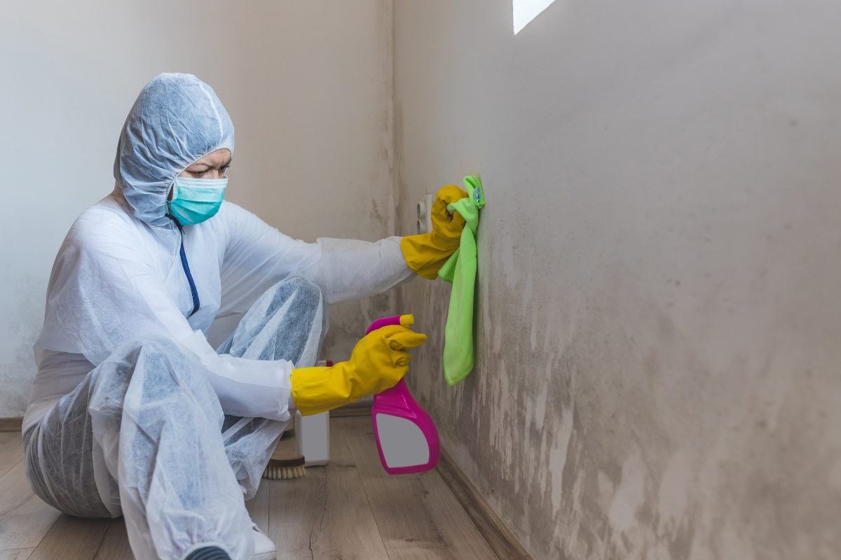 A person in protective clothing, gloves, and a mask cleans a moldy wall with a spray bottle and cloth in a room with wooden flooring, mindful of the health risks associated with mold exposure.