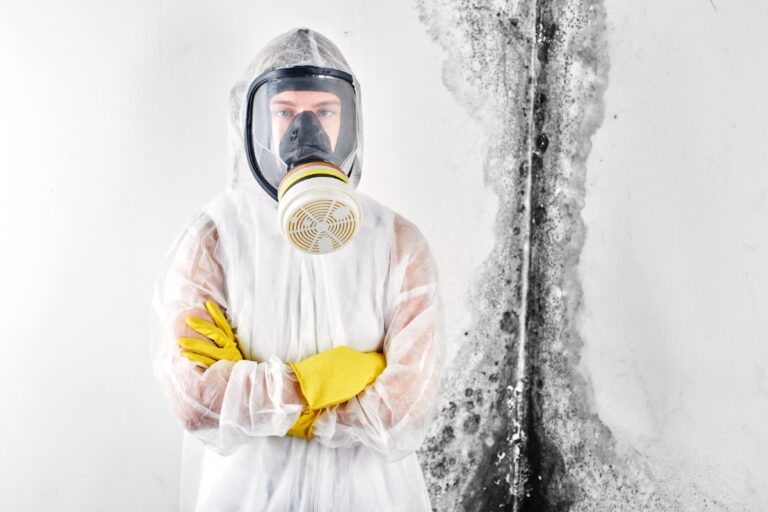 A person equipped in a protective suit, mask, and gloves stands cautiously in front of a mold-infested wall, ready to begin the meticulous process of mold removal. Safety measures are clearly prioritized to handle the hazardous environment effectively.