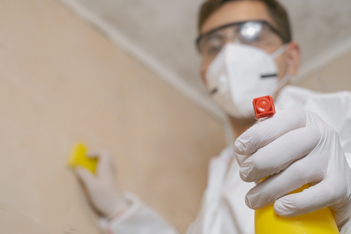 Person wearing safety goggles, a mask, and gloves, holding a spray bottle, appears to be engaging in mold removal safety while disinfecting a surface in a room.