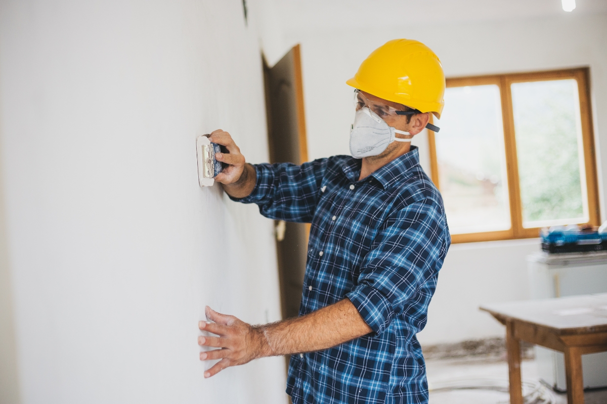 A person in a yellow hard hat and a blue plaid shirt, wearing a face mask, is sanding a white wall inside a room with a window in the background, engaging in surface preparation before painting.