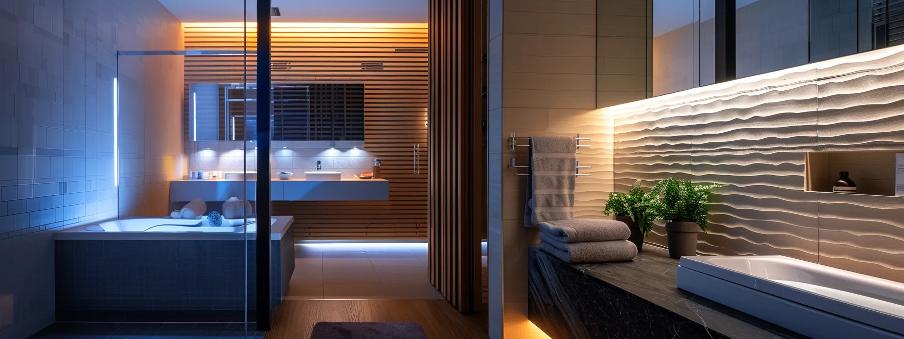 a modern bathroom illuminated by layers of task, ambient, and accent lighting to create a spa-like atmosphere.