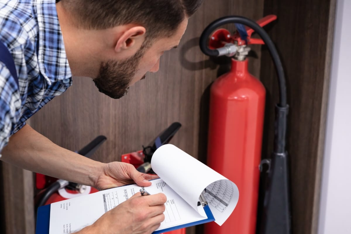 A person is carefully inspecting a fire extinguisher, diligently taking notes on a clipboard to ensure effective fire prevention measures are in place.